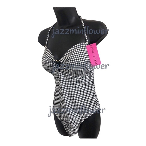 Betsey Johnson white black classic gingham print halter swimsuit size XL new - Picture 9 of 13